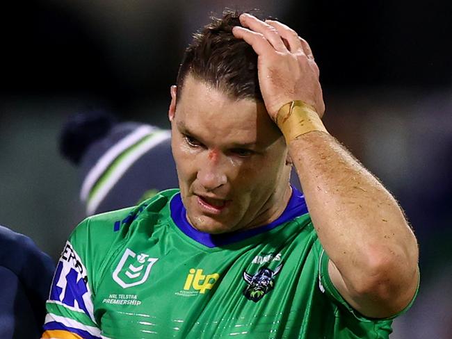 CANBERRA, AUSTRALIA - MAY 06: Jarrod Croker of the Raiders is taken from the field with an injury during the round nine NRL match between the Canberra Raiders and the Canterbury Bulldogs at GIO Stadium, on May 06, 2022, in Canberra, Australia. (Photo by Mark Nolan/Getty Images)