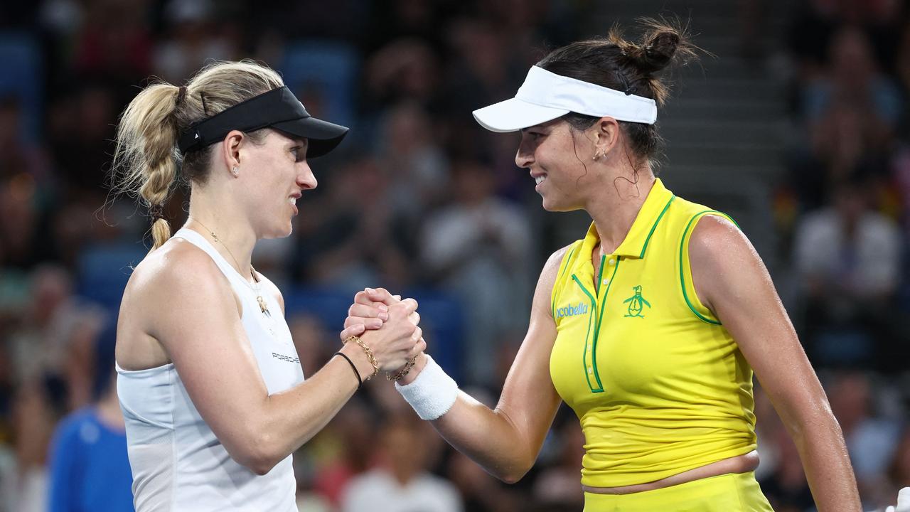 Germany's Angelique Kerber shakes hands with Australia's Ajla Tomljanovic after her victory during their women's singles match at the United Cup Picture: David Gray/AFP.