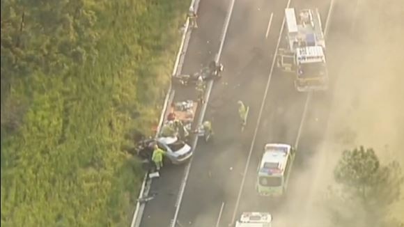 The truck and car collision in the Moreton Bay region. Picture: 7 News