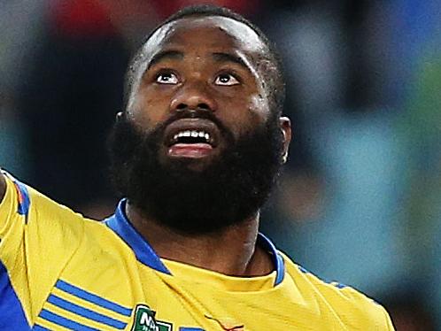 Parramatta's Semi Radradra celebrates a try during NRL match Wests Tigers v Parramatta Eels at ANZ Stadium. picture. Phil Hillyard