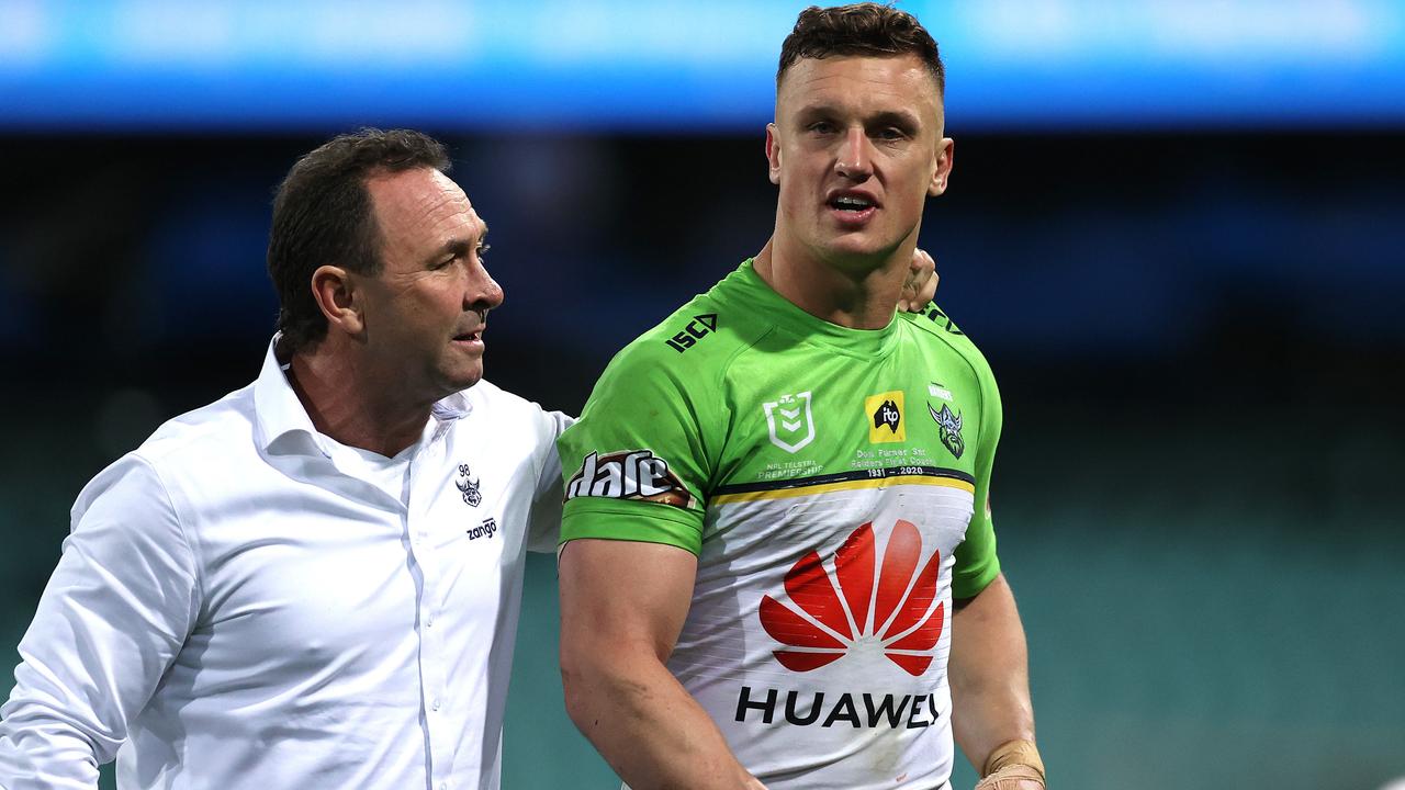 Canberra Raiders coach Ricky Stuart with Jack Wighton after the match during NRL match between the Sydney Roosters and Canberra Raiders at the SCG. Picture. Phil Hillyard