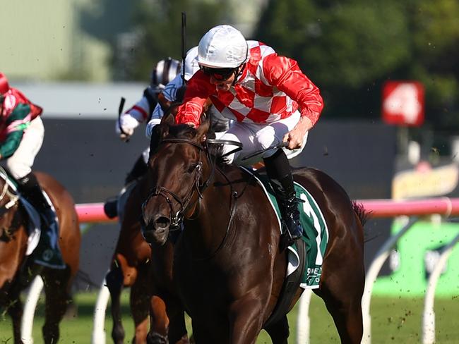 SYDNEY, AUSTRALIA - MARCH 30: James Mcdonald riding Orchestral wins Race 7 Vinery Stud Stakes during "Stakes Day" - Sydney Racing at Rosehill Gardens on March 30, 2024 in Sydney, Australia. (Photo by Jeremy Ng/Getty Images)