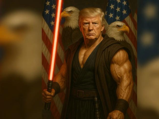 The White House celebrates Star Wars Day by tweeting an image of buff, lightsaber-wielding Donald Trump. Source - X
