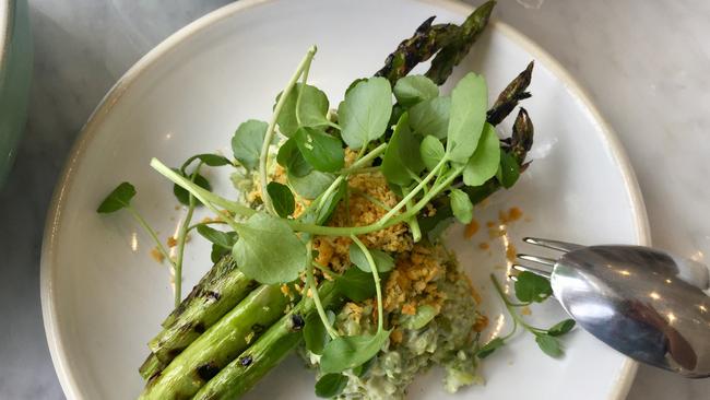 Grilled asparagus with pea, fetta and edamame. 