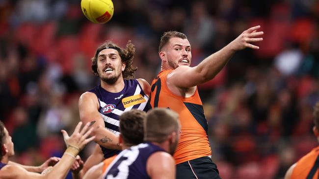 Luke Jackson and Kieren Briggs go head-to-head on Saturday afternoon. Picture: Matt King/AFL Photos/via Getty Images