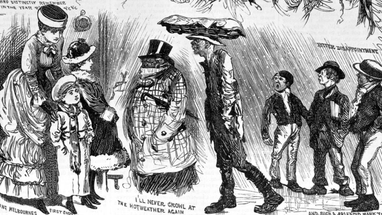 A newspaper cartoon of Melburnians reacting to snowfall in 1882. Picture: State Library of Victoria