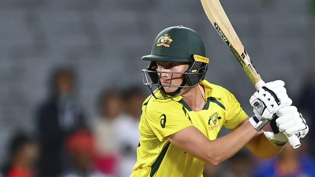 AUCKLAND, NEW ZEALAND – MARCH 19: Meg Lanning of Australia bats during the 2022 ICC Women's Cricket World Cup match between India and Australia at Eden Park on March 19, 2022 in Auckland, New Zealand. (Photo by Hannah Peters/Getty Images)