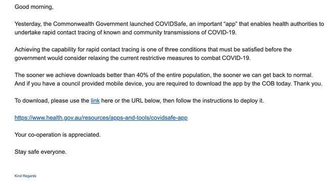 An email from Strathfield Council asking its employees to download the COVIDSafe app. Picture: Supplied