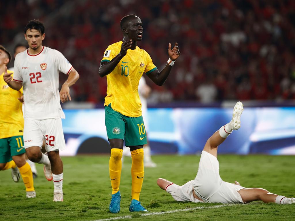 Awer Mabil reacts after the Socceroos waste another chance against Indonesia. Picture: Robertus Pudyanto/Getty Images