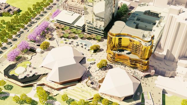 A render of the completed Festival Plaza, with the Walker Corporation tower, and shops and retail behind Parliament House. Image: ARM Architecture