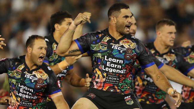 Greg Inglis of the Indigenous All Stars performs the Indigenous war cry during the Indigenous All Stars v NRL World All Stars rugby league game at McDonald Jones Stadium, Newcastle. Picture: Brett Costello