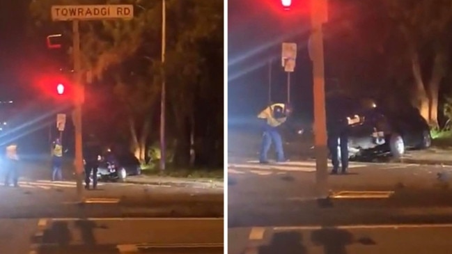 Police at the scene of the crash at the intersection of Towradgi Road and Memorial Drive, Towradgi, where, about 1.35am (Tuesday 4 October 2022), a Holden Barina was reportedly travelling north on Memorial Drive when it crashed into a traffic control light. Picture: Shapchat