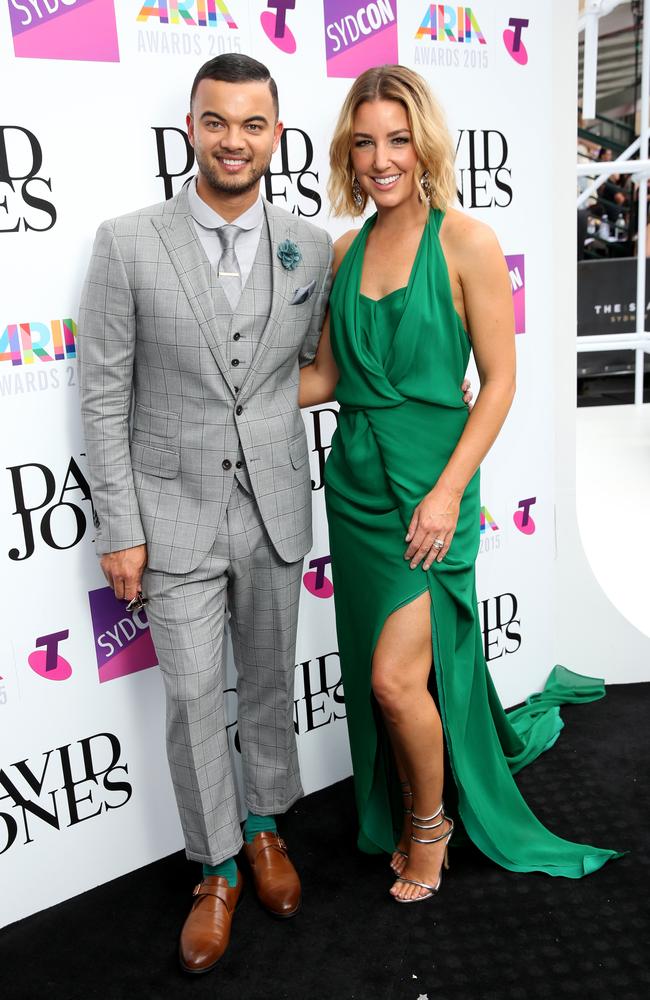 Guy and Jules Sebastian pictured arriving on the red carpet at the 2015 ARIA Awards held at The Star in Pyrmont, Sydney. Picture: Richard Dobson