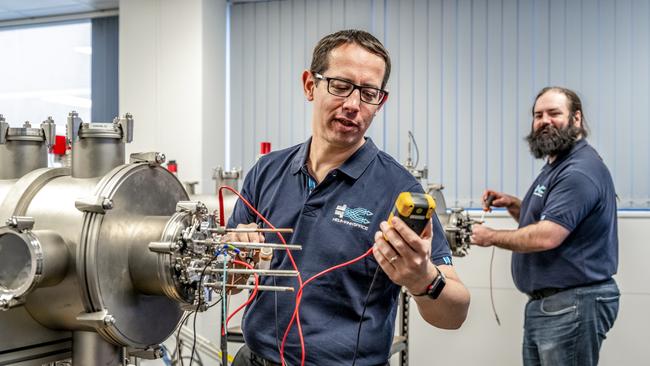 Neumann Space chief executive Herve Astier and chief scientist Paddy Neumann at work in the company’s facilities at Lot Fourteen, where they develop in-space propulsion systems for satellites.