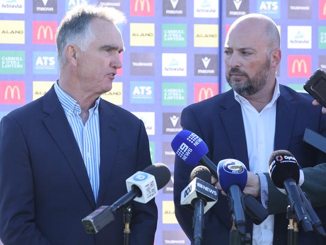 Parramatta Eels Chairman Sean McElduff (left) and Parramatta Eels CEO Jim Sarantinos (right) addressing the dismissal of Brad Arthur. Picture: Rohan Kelly