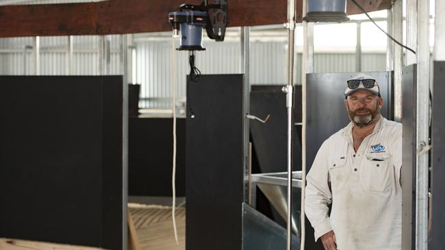 Ben Duxson from Glendemar Park Merinos in his new shearing shed which features a curved flat board. Picture: Zoe Phillips