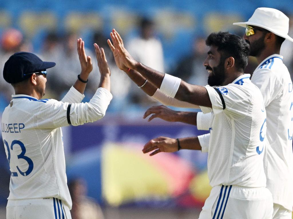 Jasprit Bumrah celebrates the dismissal of Joe Root. Picture: Punit Paranjpe/AFP