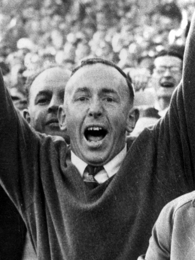 Hawthorn coach John Kennedy Sr celebrates a Morton Browne goal in his team’s 1961 grand final win. Picture: HWT