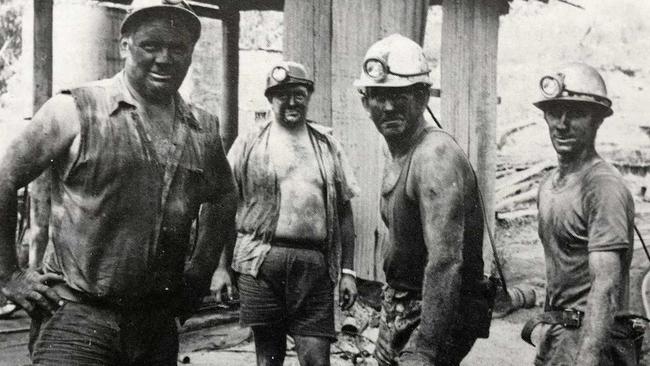 Nymboida mineworkers Frank Smidt, Ossie Turner, Tom Ford and Trevor mcLennan at the end of th shift three days before the first dismissal notices were handed out.