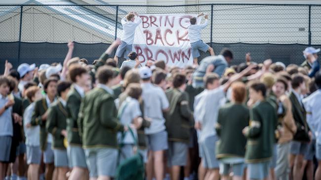 Students protesting over the sacking of Mr Brown. Picture: Jake Nowakowski