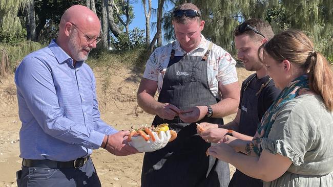 Hervey Bay Seafood Festival announcement 2022. Left to right. Fraser Coast Councillor Darren Everard, Odyssey Bistro owners Scott Thompson and Jason England, and Chelsea Larner-Simpson from Fraser Coast Tourism &amp; Events.