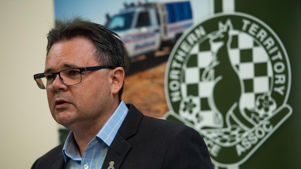 Northern Territory Police Association (NTPA) President Paul McCue addresses media regarding the key results from their 2020 pre-election member survey. Picture: Che Chorley