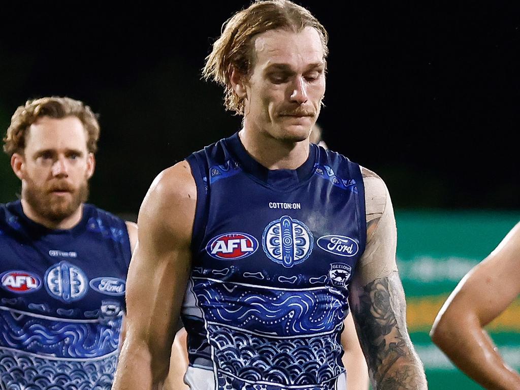 DARWIN, AUSTRALIA - MAY 16: Tom Stewart of the Cats looks dejected after a loss during the 2024 AFL Round 10 match between The Gold Coast SUNS and The Geelong Cats at TIO Stadium on May 16, 2024 in Darwin, Australia. (Photo by Michael Willson/AFL Photos via Getty Images)