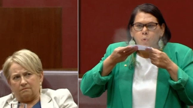 Greens Senator Dorinda Cox blows white powder