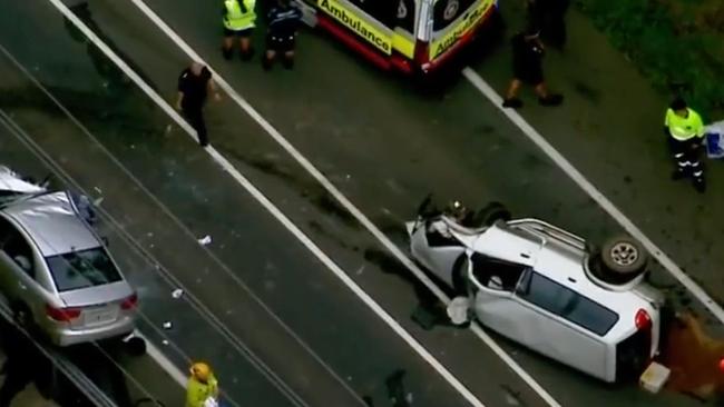 Mr McDonald’s Mitsubishi Challenger allegedly hit an elderly couples Kia Cerato while they were travelling south and on Mt Cotton Rd. Picture: Brisbane Incident Alerts/Channel 7