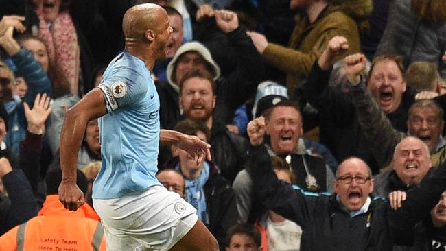 Vincent Kompany celebrates scoring for Manchester City. Picture: AFP