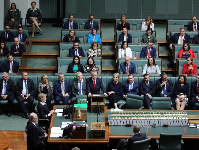 Shorten gave his Budget in reply speech to the Parliament in the House of Representatives. His family, Chloe Shorten with Georgette, Clementine and Rupert were in the chamber for the speech. Picture: Gary Ramage