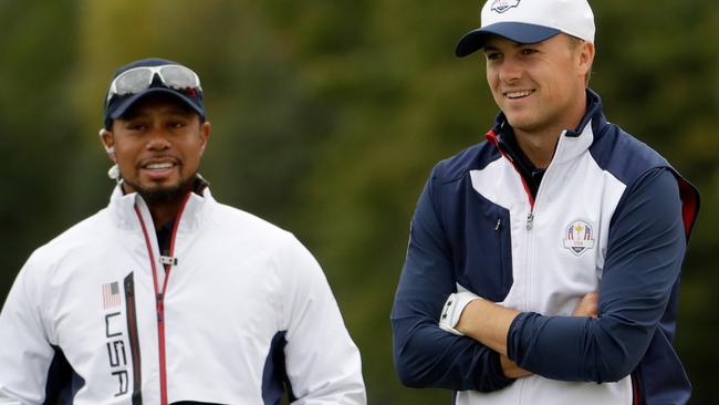Jordan Spieth and Tiger Woods prior to the 2016 Ryder Cup.