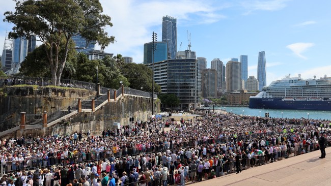 Royal fans on the Sydney Opera House forecourt awaiting the arrival of Charles and Camilla. Picture: Chris Jackson/Getty Images