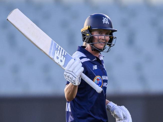 ADELAIDE, AUSTRALIA - JANUARY 29:  Meg Lanning of Victoria   celebrates making her half century during the WNCL match between South Australia and Victoria at Adelaide Oval, on January 29, 2024, in Adelaide, Australia. (Photo by Mark Brake/Getty Images)