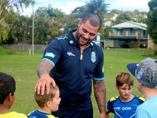 Andrew Fifita meets young fans during a NSW Blues visit to Murwillumbah Brothers on Tuesday, May 23, 2017. Picture: Daniel Mckenzie