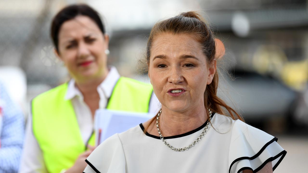 Former Mount Isa Mayor Danielle Slade, watched by the then-Queensland Premier Annastacia Palaszczuk, speaks at a press conference in the lead-up to the last election. Ms Slade was also a Labor candidate that ran against Robbie Katter in 2017. Picture: NCA NewsWire / Dan Peled