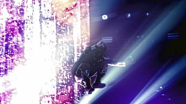 Sid Wilson jumps from the back of the stage during Slipknot's set at the Brisbane Entertainment Centre. Picture: Asagai Images