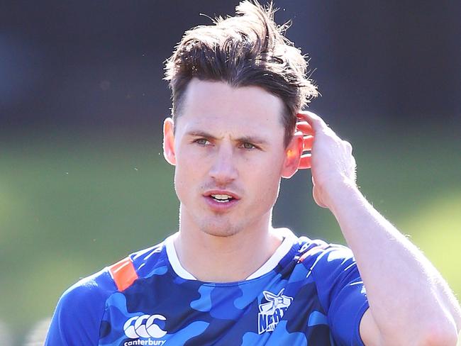 MELBOURNE, AUSTRALIA - JULY 18:  Ben Jacobs of the Kangaroos looks upfield during a North Melbourne Kangaroos AFL training session at Arden Street Ground on July 18, 2018 in Melbourne, Australia.  (Photo by Michael Dodge/Getty Images)