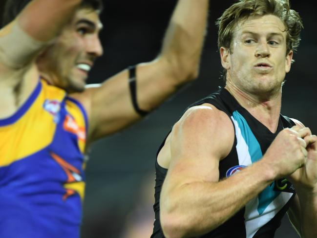 21/05/2016 Second Half- Port Adelaide v West Coast Eagles at Adelaide Oval.The spit second before Ports Tom Jonas hits Andrew Gaff and knocking him unconscious.  PIC MARK BRAKE