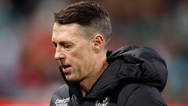 SYDNEY, AUSTRALIA - AUGUST 09: Craig McRae, Senior Coach of the Magpies looks on during the 2024 AFL Round 22 match between the Sydney Swans and the Collingwood Magpies at The Sydney Cricket Ground on August 09, 2024 in Sydney, Australia. (Photo by Michael Willson/AFL Photos via Getty Images)