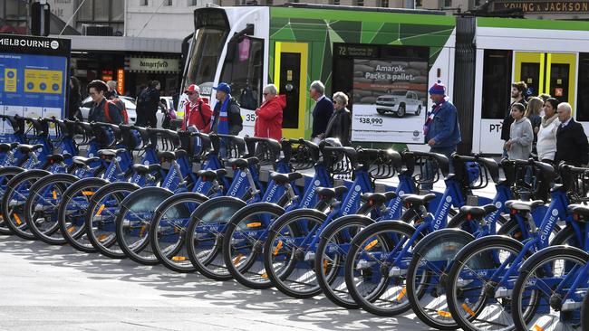 Melbourne bikes were hardly used in Flinders St. Picture: Andy Brownbill