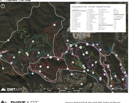 A map showing the trails at the Nerang Forest on the Gold Coast for cyclists and mountain bike enthusiasts.