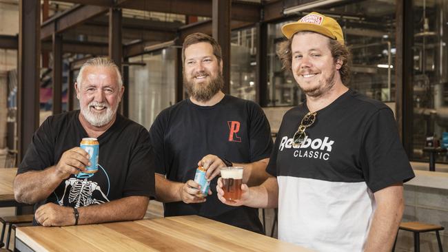 Pirate Life’s Michael Cameron, Red Proudfoot and Jack Cameron in the new beer hall. Picture: Simon Cross