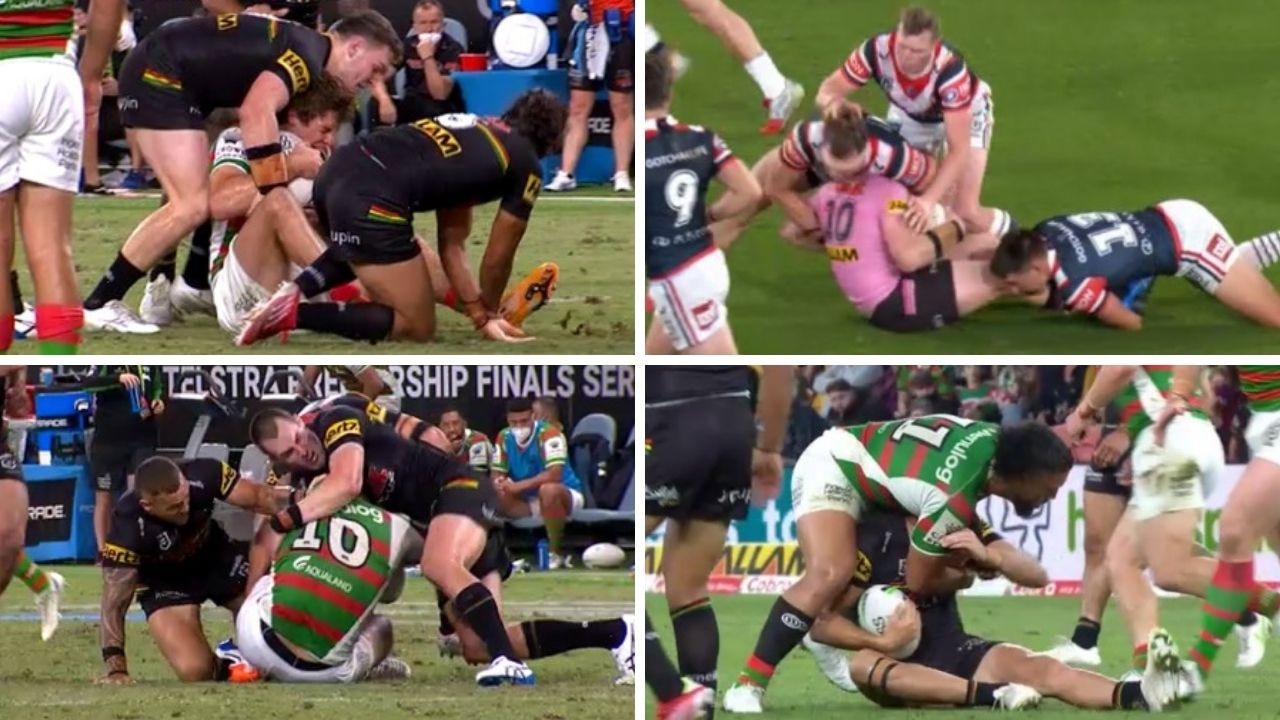 Angus Crichton (top right) and Keaon Koloamatangi (bottom right) copped heavy punishments for crusher tackles.