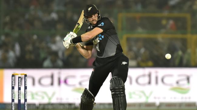 JAIPUR, INDIA - NOVEMBER 17: Martin Guptill of New Zealand plays a shot during the T20 International match between India and New Zealand at Sawai Mansingh Stadium on November 17, 2021 in Jaipur, India. (Photo by Pankaj Nangia/Getty Images)