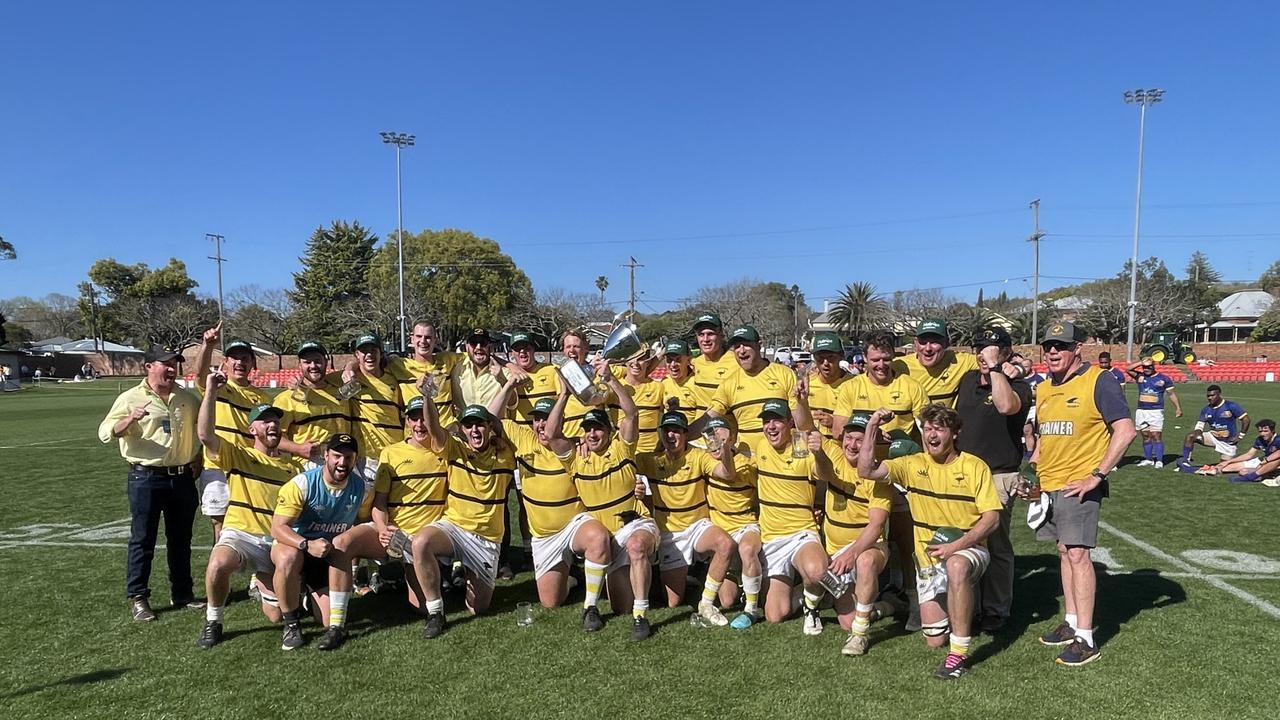 Goondiwindi Emus celebrate winning the 2024 B-grade Downs Rugby premiership.