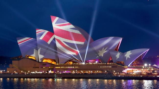 The Aussie flag projected on the opera house during Australia Day celebrations live at the Quay, Circular Quay. Sydney. 26th January, 2020. Picture by Damian Shaw