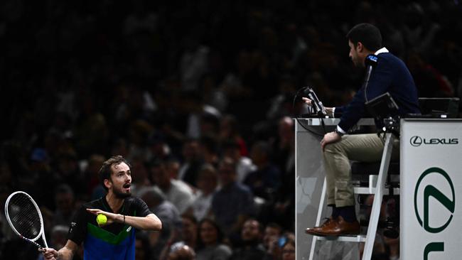 Medvedev wasn’t in the mood with the crowd. (Photo by JULIEN DE ROSA / AFP)