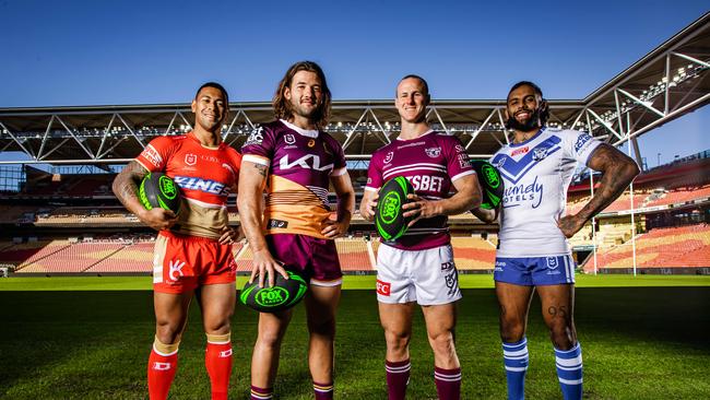 The Dolphins’ Jamayne Isaako, Broncos’ Pat Carrigan, Manly’s Daly Cherry-Evans and Bulldogs’ Josh Addo-Carr pose ahead of Magic Round. Picture: Nigel Hallett