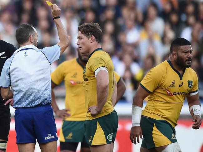 YOKOHAMA, JAPAN - OCTOBER 27: Tolu Latu of the Wallabies leaves the field after receiving a yellow card during the Bledisloe Cup test match between New Zealand All Blacks and Australian Wallabies at Nissan Stadium on October 27, 2018 in Yokohama, Kanagawa, Japan.  (Photo by Matt Roberts/Getty Images)